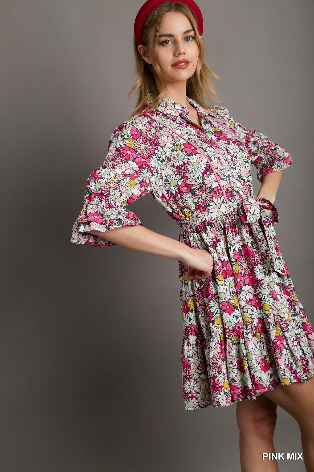 Flower Print A-line Umgee Dress with Collar, Waist Belt Tie, 3/4 Ruffle Sleeves accented with Piping K7860