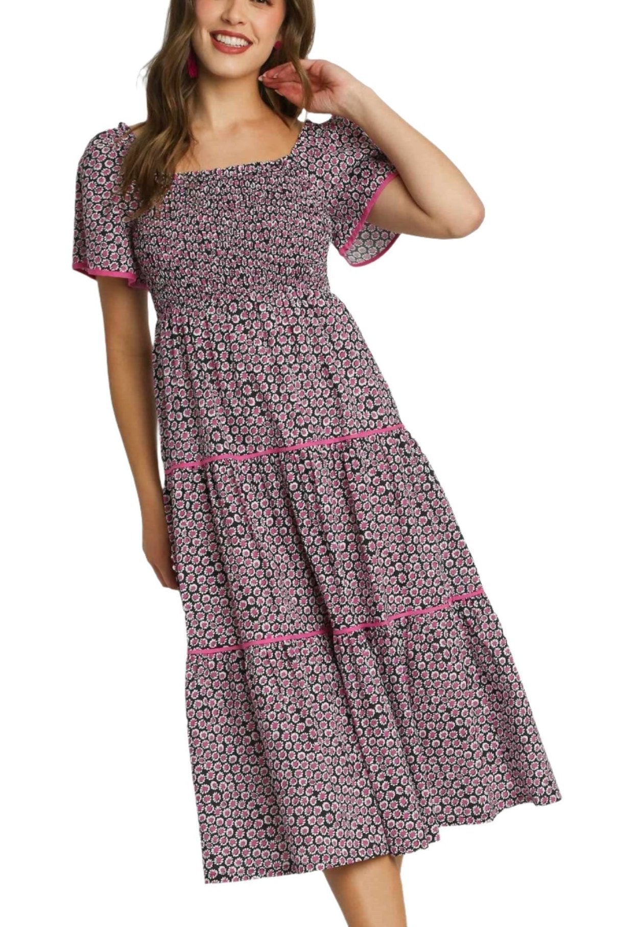 Umgee Black and Pink Print Square Neck Midi Dress