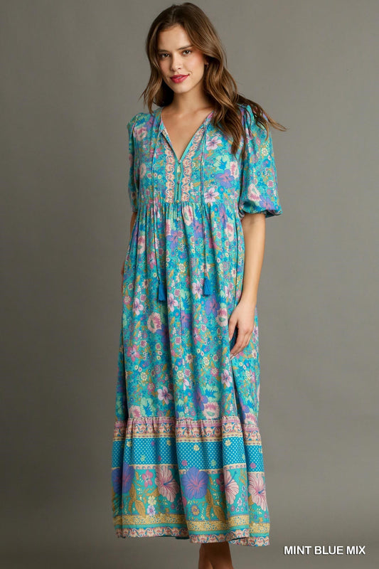 Umgee Mint Floral Print Maxi Dress with Tassel Tie