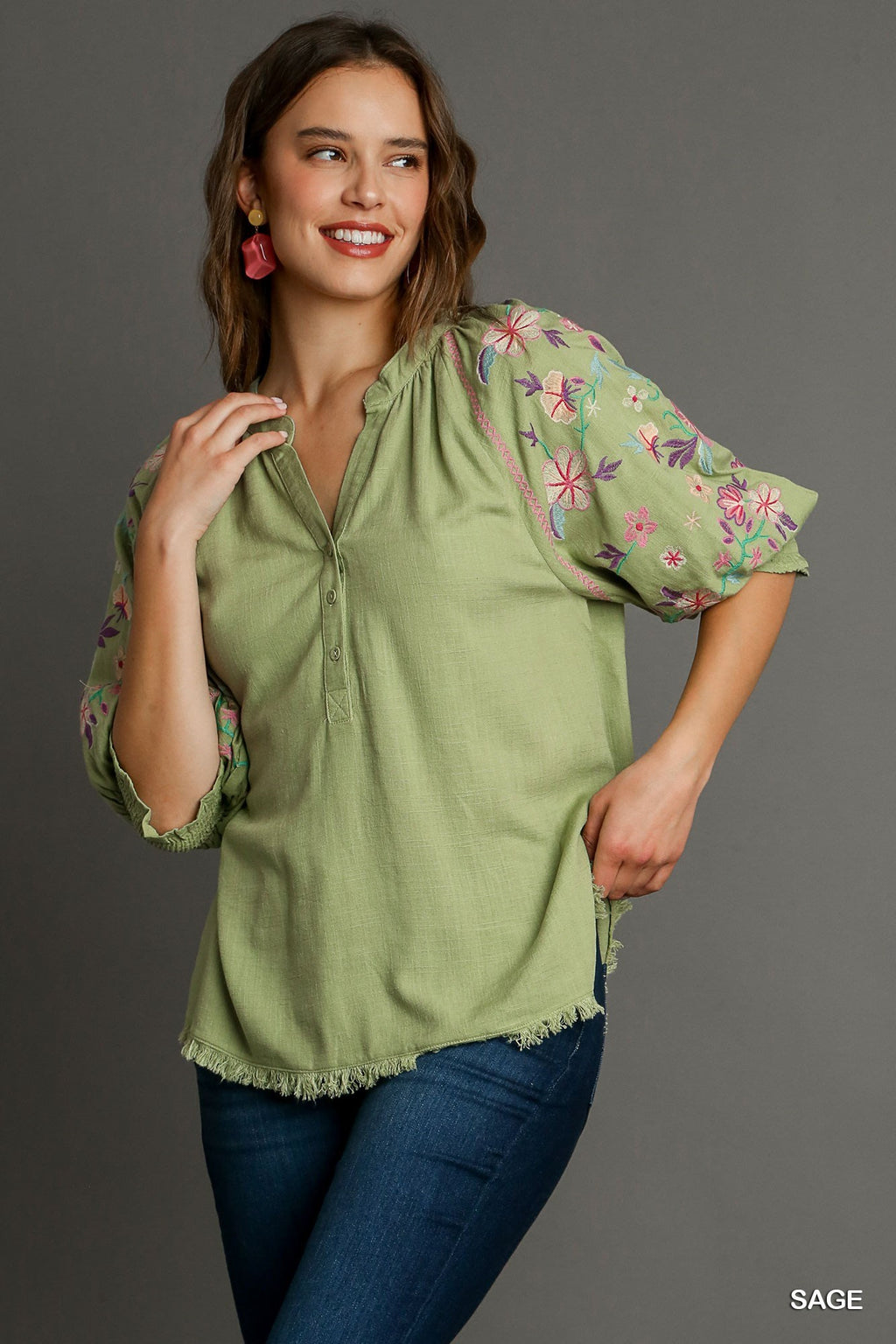 Umgee Sage Linen Split Neck Button Down Top with Embroidery Sleeves