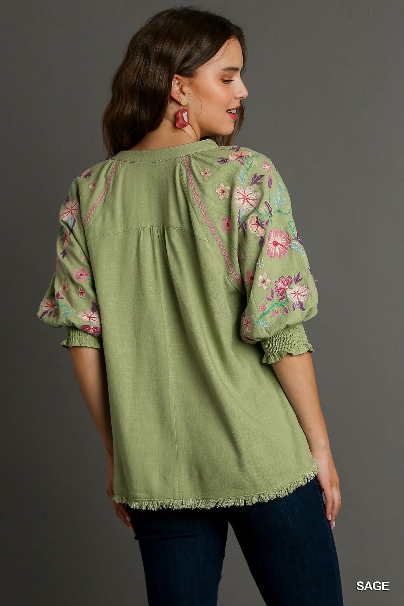 Umgee Sage Linen Split Neck Button Down Top with Embroidery Sleeves