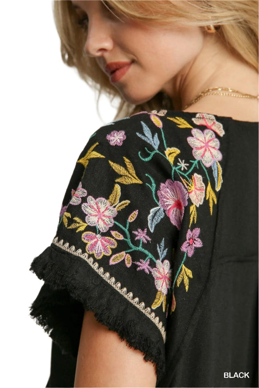 Umgee Black Linen High Low Top with Embroidery