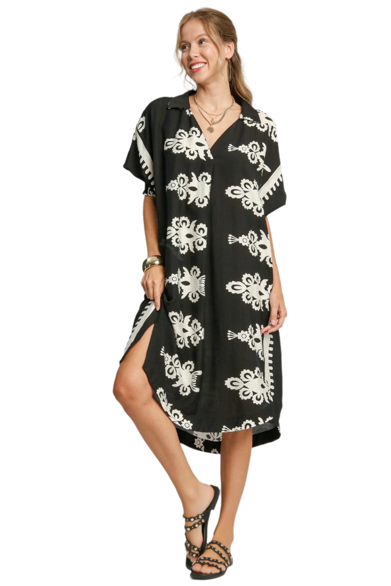 Umgee Black Abstract Print Midi Dress