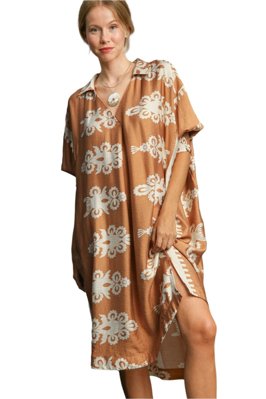 Umgee Mocha Abstract Print Midi Dress