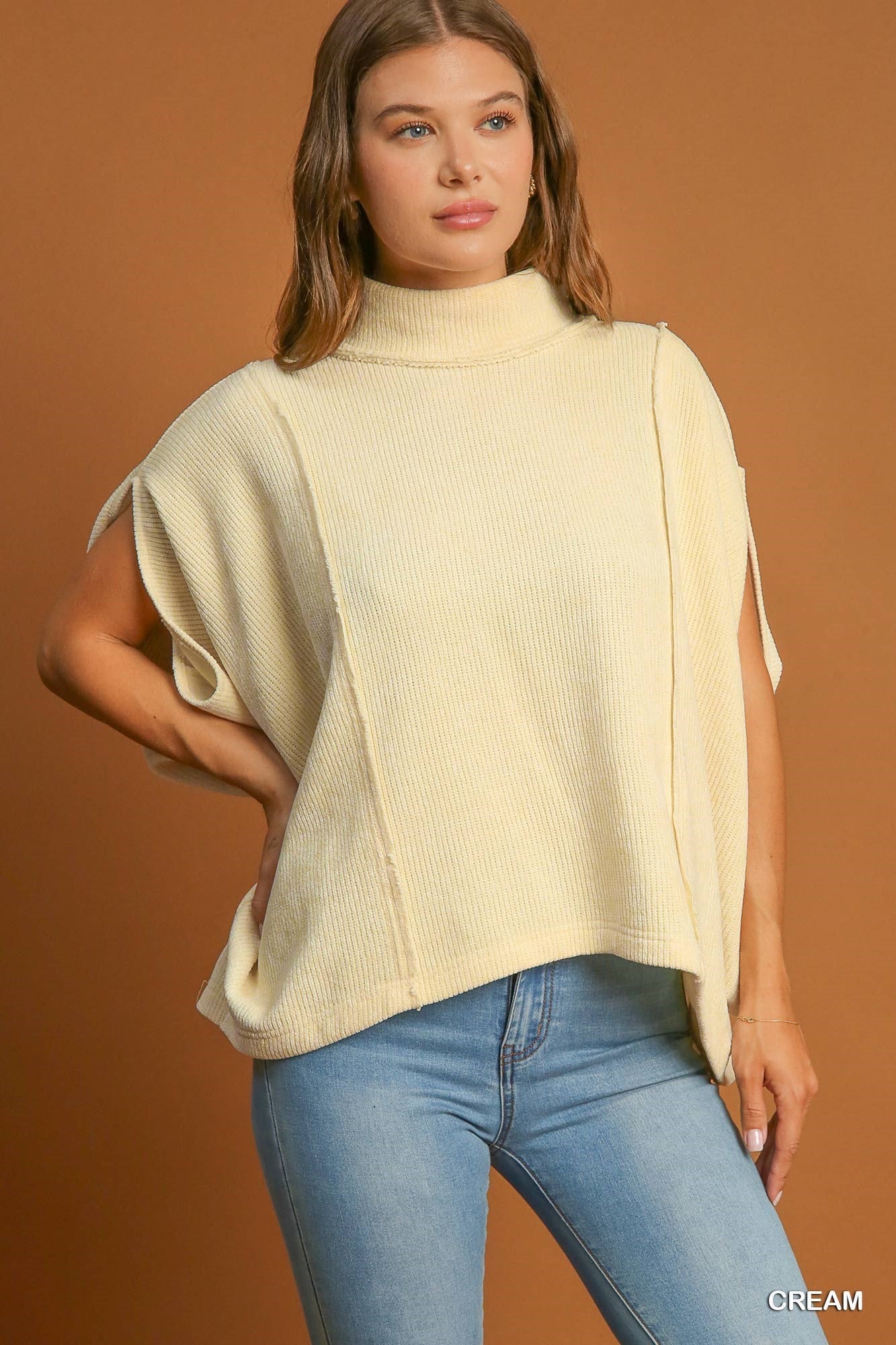 Umgee Soft Knit Mock Neck Pullover Poncho Top