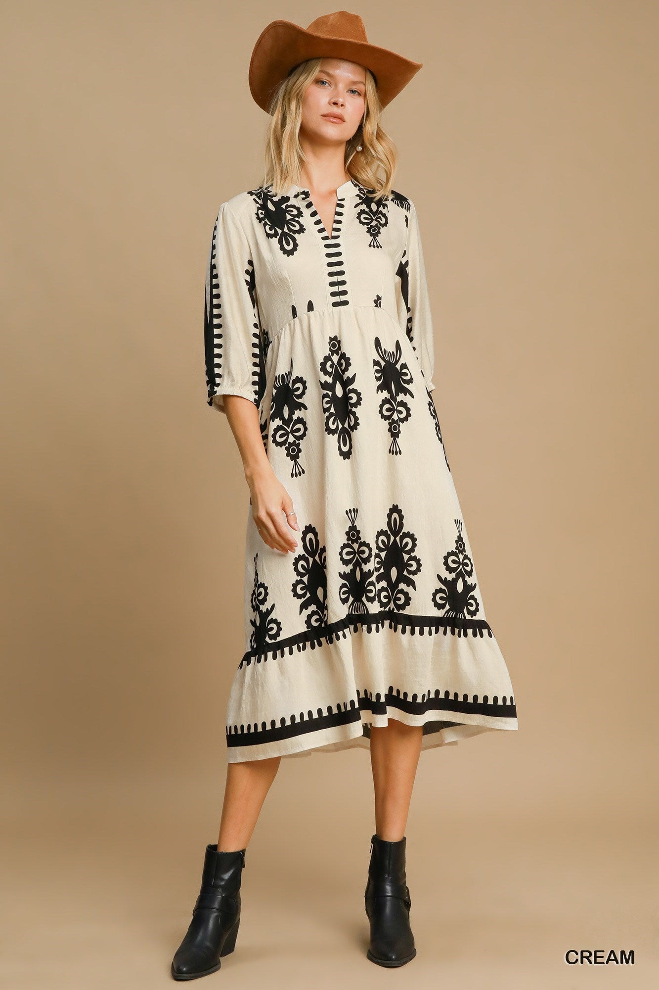 Umgee Cream and Black Print Midi Dress with 3/4 Sleeves