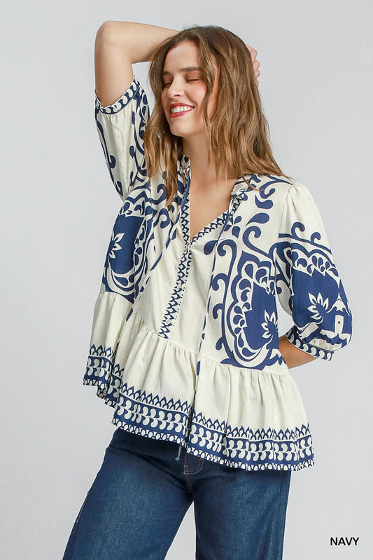 Umgee Navy Abstract Print Top with Tassel Ties