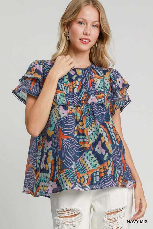 Umgee Bold Abstract Print Ruffle Sleeve Top