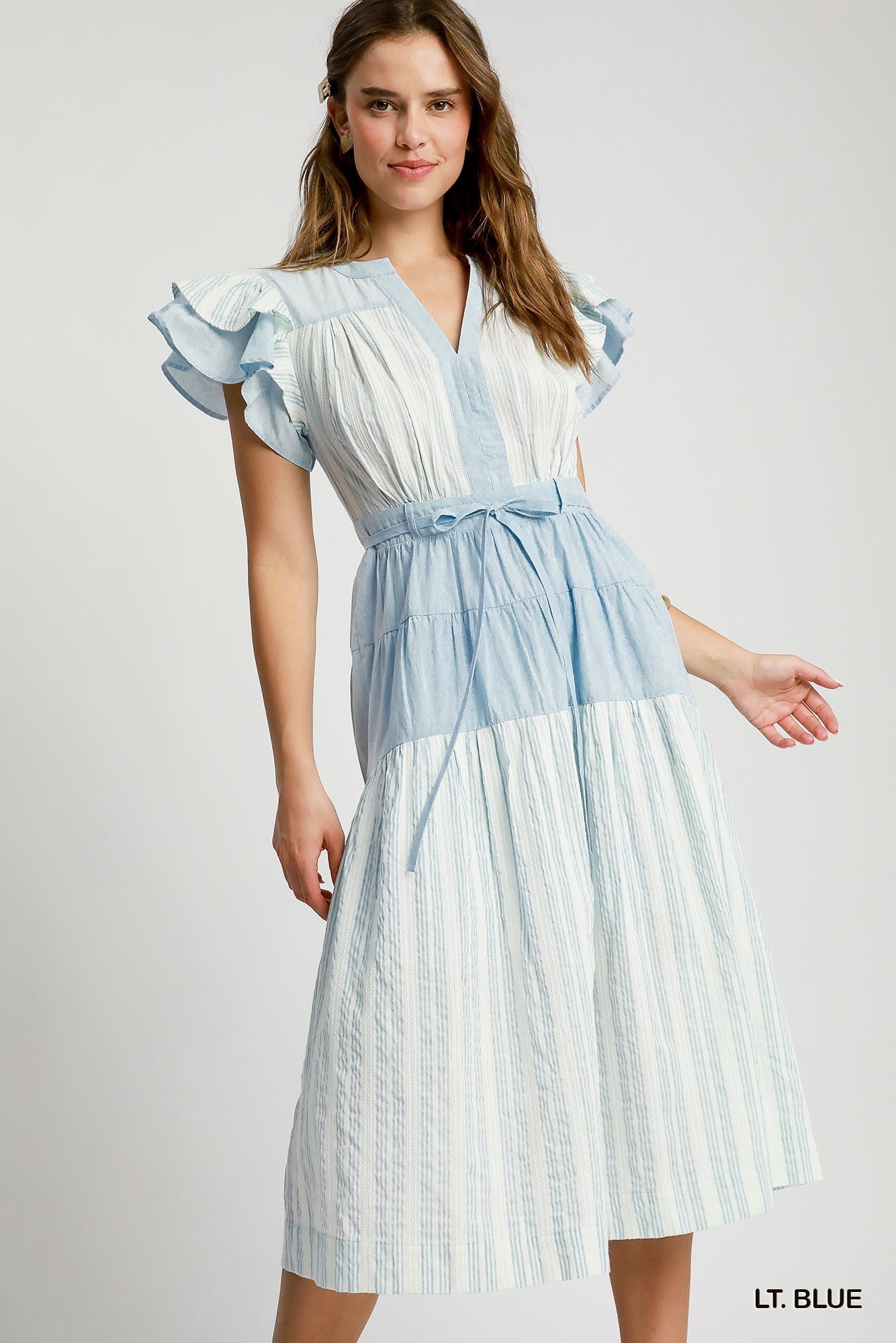Umgee Lt. Blue Stripe Midi Dress with Belt Tie