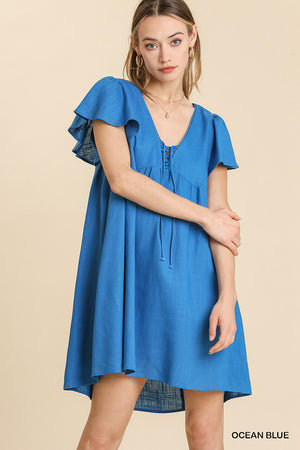 Ocean Blue Linen Blend Umgee Dress with V-Neck Lace up Front and Ruffle Sleeves