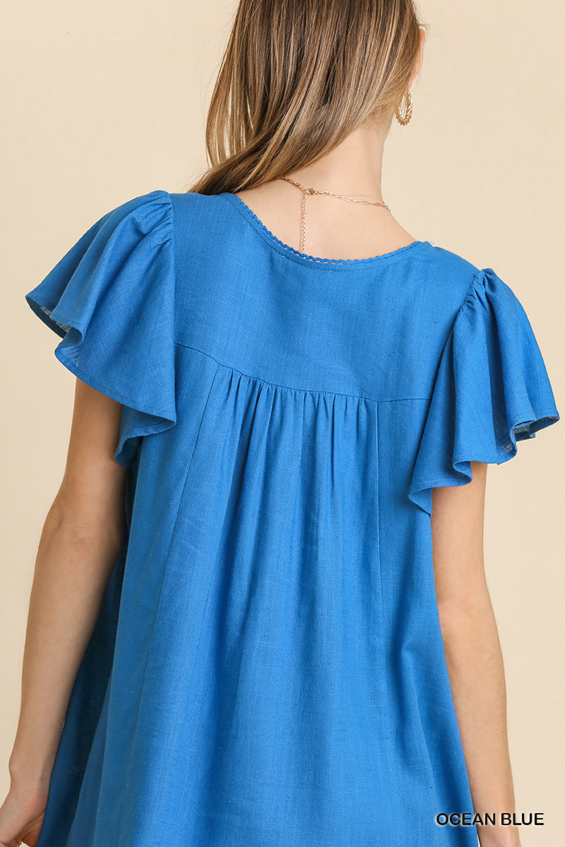 Ocean Blue Linen Blend Umgee Dress with V-Neck Lace up Front and Ruffle Sleeves