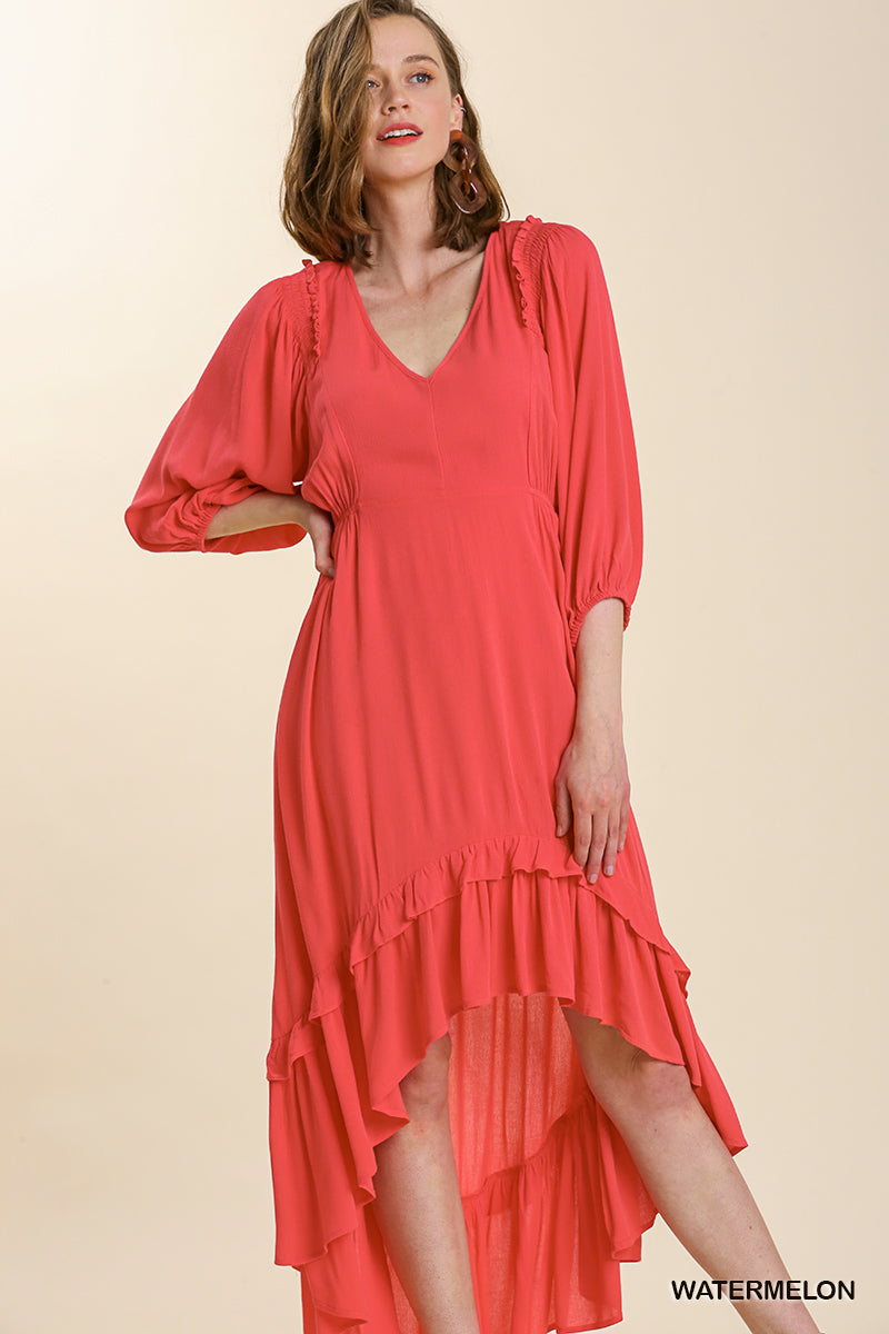 Watermelon Sheer V-Neck Umgee dress with Hi-low Ruffle Hem – www ...