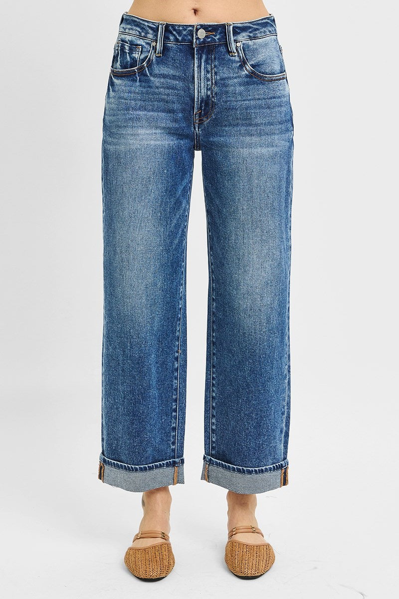 PLUS Risen MR Dark Wash Ankle Boyfriend Jeans – Cuffed Stretch Denim