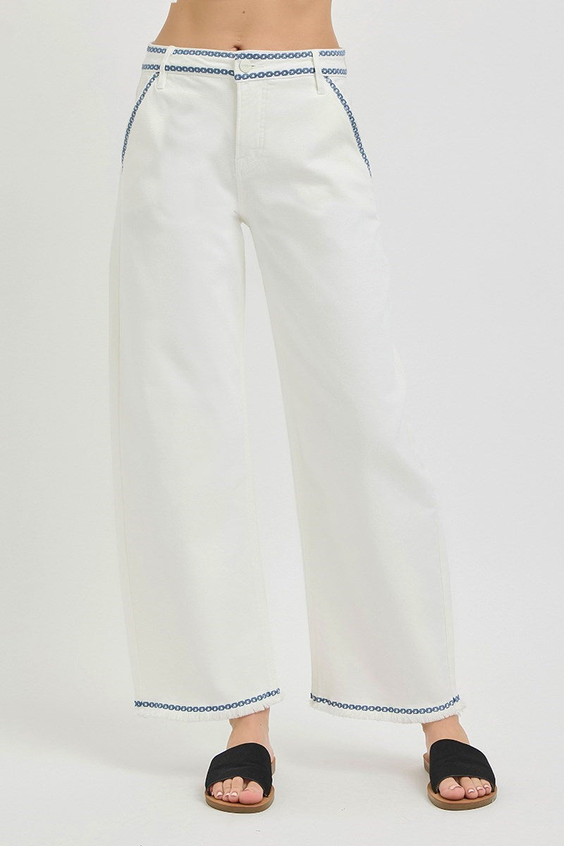 Risen HR Tummy Control Crop Barrel Embroidered Cream Denim