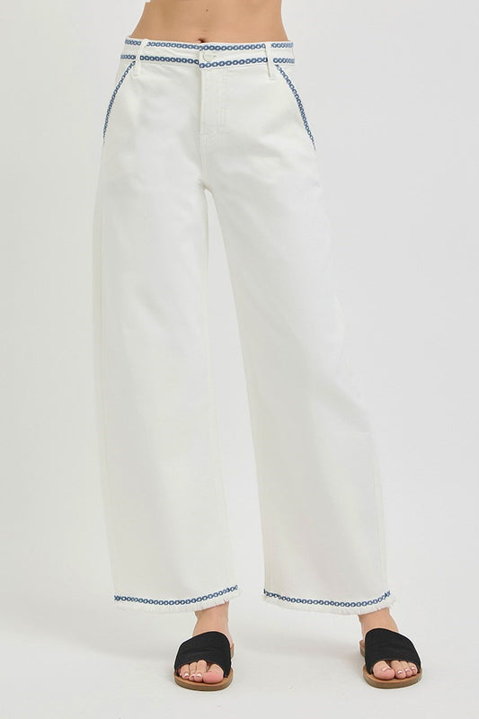 Risen HR Tummy Control Crop Barrel Embroidered Cream Denim