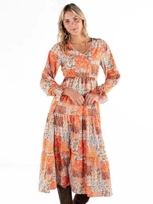 SS Mila Patchwork Floral Boho Tiered Long Sleeve Maxi Dress