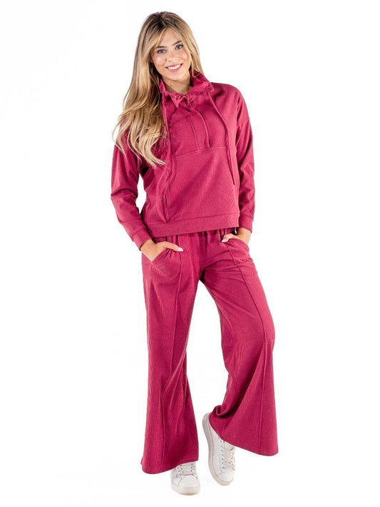 SS Dark Red Knit Ribbed Wide Leg Pants