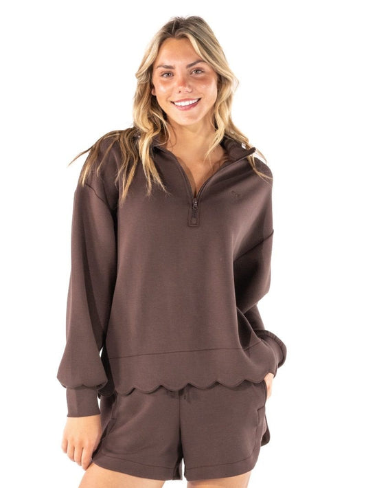 SS Scallop Quarter Zip - Coffee Brown