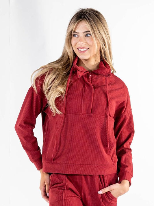 SS Dark Red Knit Ribbed Half-Zip Pullover