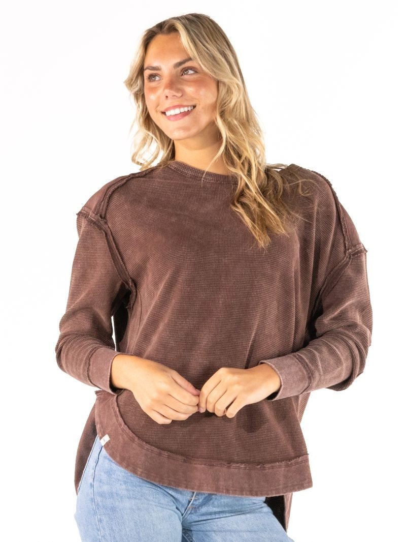 SS Brown Waffle Pullover Top