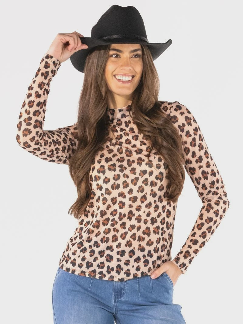 SS Leopard Print Sheer Mesh Long Sleeve Top