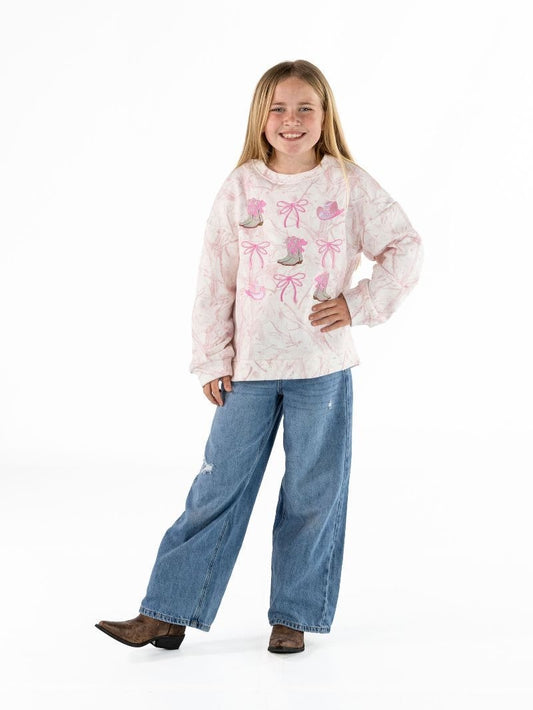 Youth SS Pink Camo Boots & Bows Embroidered Western Crewneck Sweatshirt