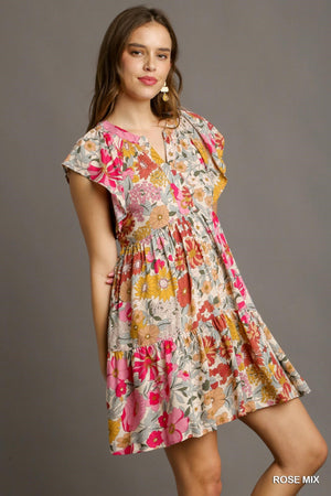 Multi Floral Umgee Dress with Split Neck, Short Flutter Sleeves R0040
