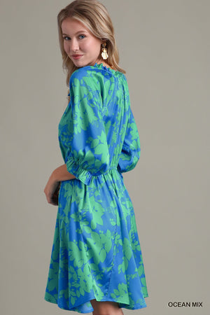 Ocean Floral Print Umgee Dress with Ruffle Trim Neckline and 3/4 Puff Sleeves