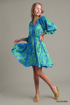 Ocean Floral Print Umgee Dress with Ruffle Trim Neckline and 3/4 Puff Sleeves