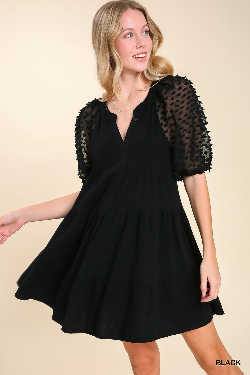 Umgee Black Linen Blend Split V-Neck Floral Appliqued Puff Sleeve Tiered Dress