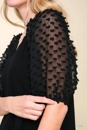Umgee Black Linen Blend Split V-Neck Floral Appliqued Puff Sleeve Tiered Dress