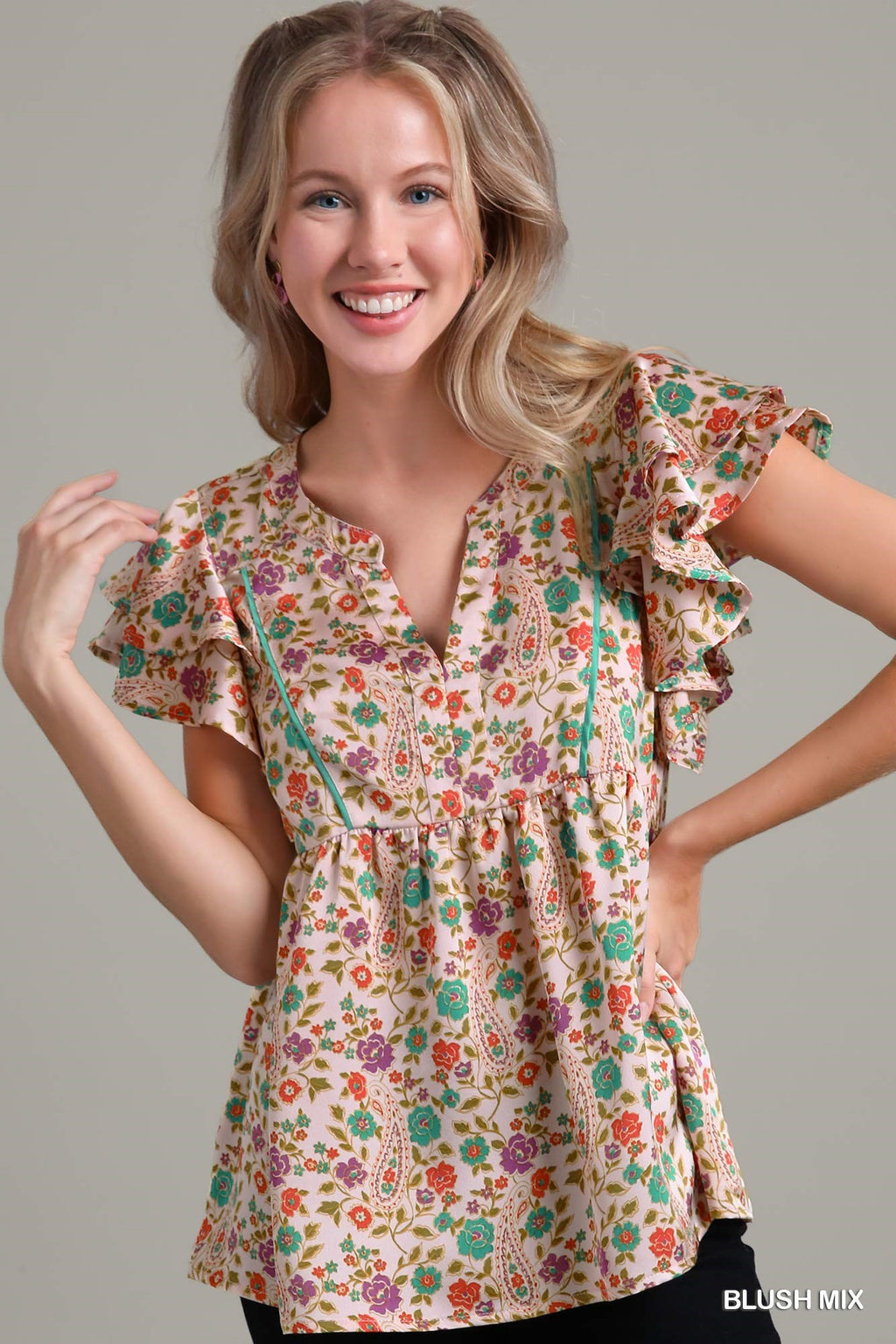 Umgee Multi Satin Floral Top with Split Neck and Short Ruffled Sleeves