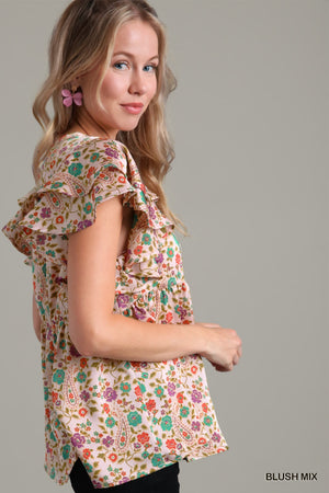 Umgee Multi Satin Floral Top with Split Neck and Short Ruffled Sleeves