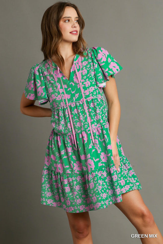 Umgee Pink & Green Mix Flutter Sleeve Dress