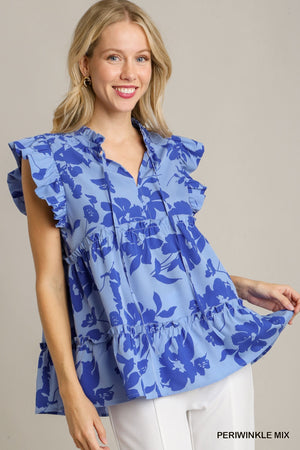Umgee Periwinkle Mix Floral Top with Short Flutter Sleeves and Smocked Detail Around NeckR0353