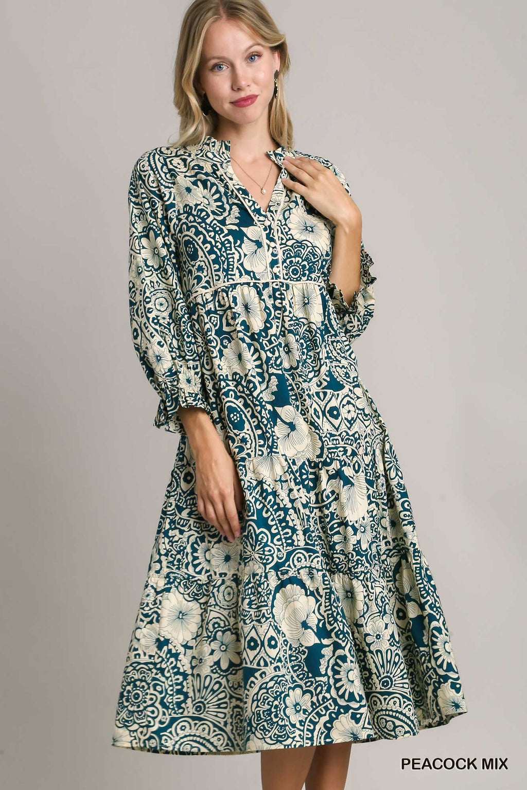 Umgee Peacock Mixed Print Dress with 3/4 Sleeves, Tiered Midi Dress with Piping
