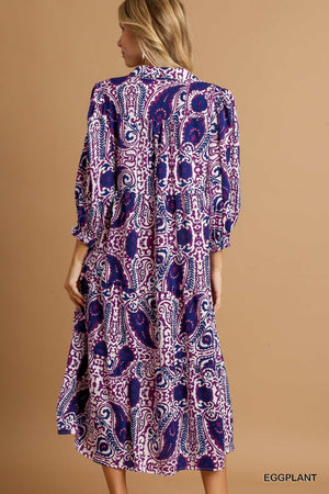 Umgee Purple Paisley Tiered Midi Dress with 3/4 Balloon Sleeve
