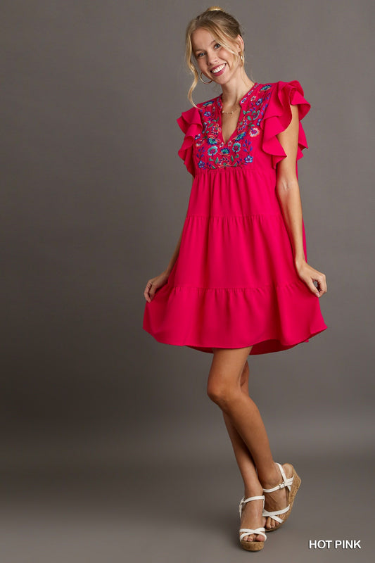 Umgee Hot Pink Embroidered Neckline Dress