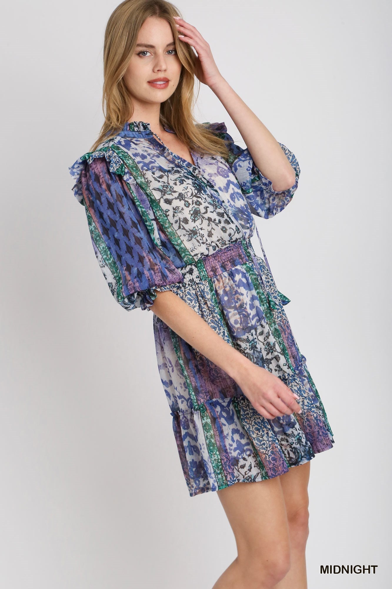 Midnight Multi Print Umgee Ruffle Neckline Dress with Elastic Smocked Waistband Short Pouf Sleeves R0832