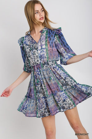 Midnight Multi Print Umgee Ruffle Neckline Dress with Elastic Smocked Waistband Short Pouf Sleeves R0832