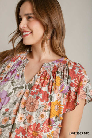 Umgee Mixed Floral Split Neck Top with Gathered Short Wide Sleeves R0880