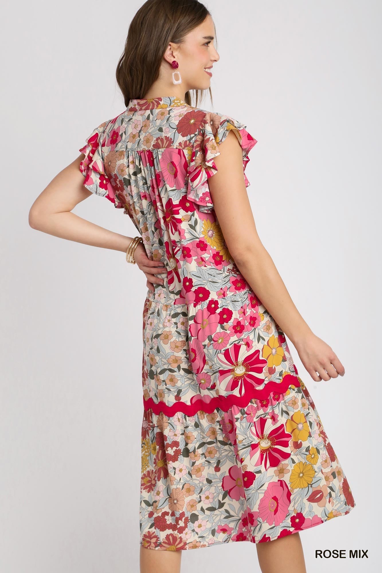 Multi Floral Umgee Dress with Split Neck, Short Ruffle Sleeves and Ric Rac Trim R0882
