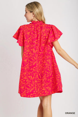 Umgee Orange Two Tone Ruffle Split Neck A-line Dress with Ruffle Sleeves R0933
