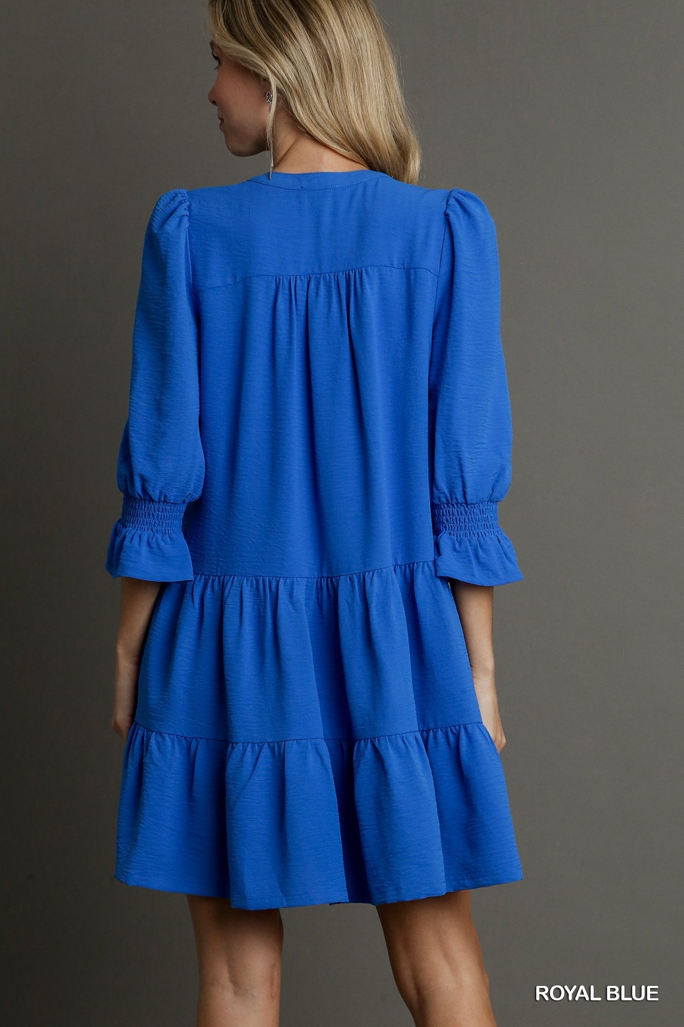 Royal  Blue Umgee Tiered Split Neck Dress with 3/4 Sleeve with Smocking Detail K9057