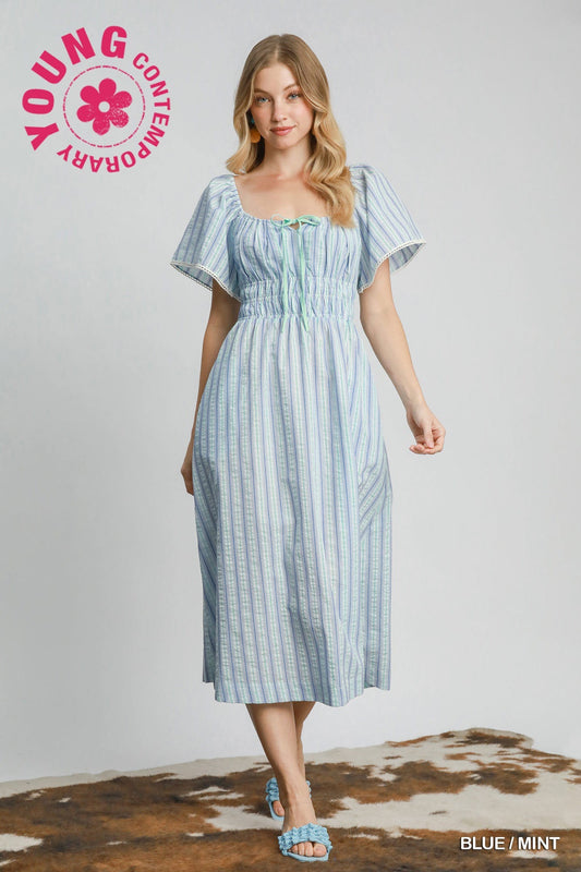 Umgee Blue and Mint Stripe A-Line Midi Dress