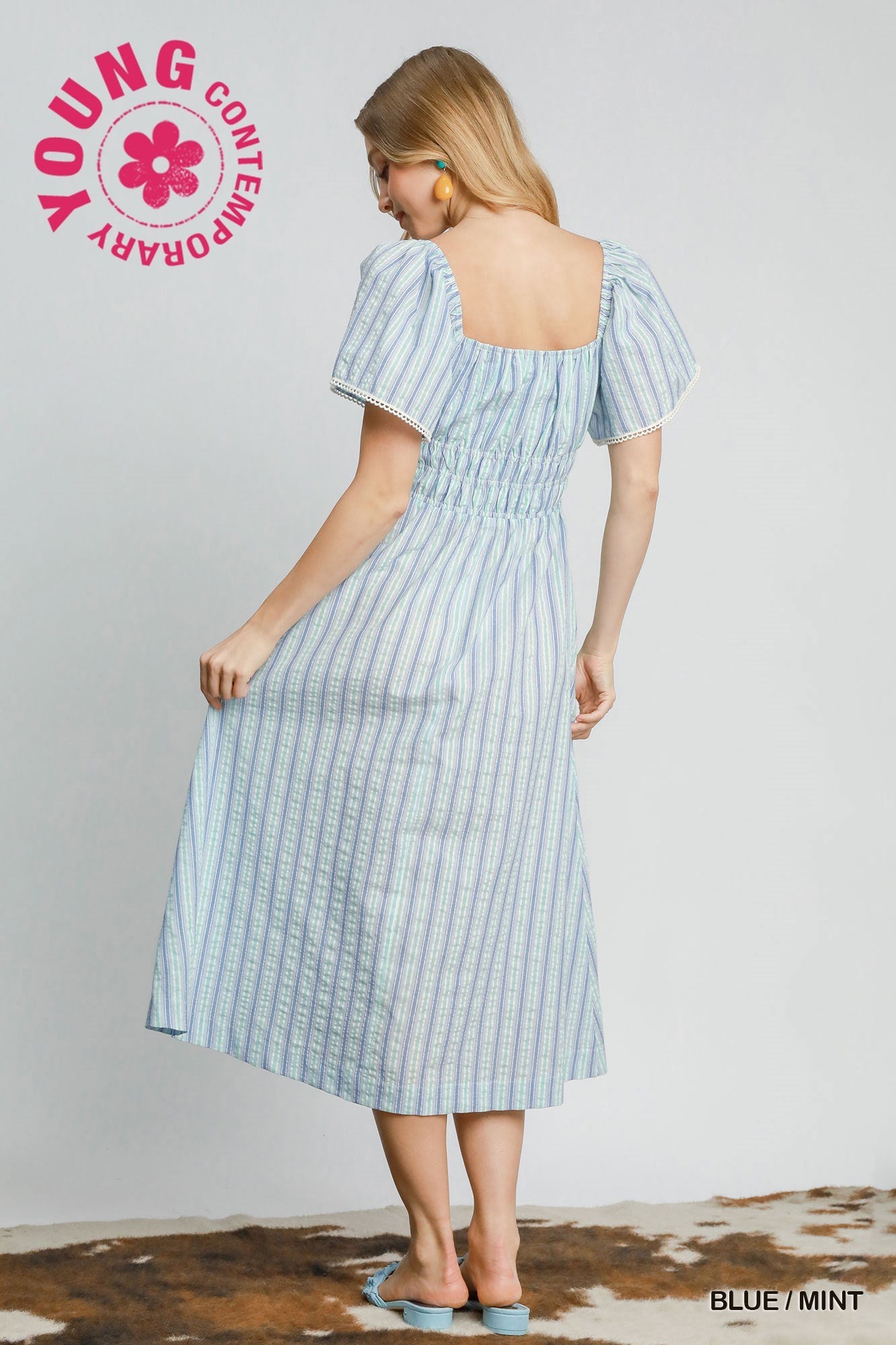 Umgee Blue and Mint Stripe A-Line Midi Dress