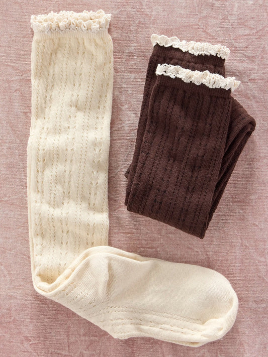 Pointelle Knee High Socks, Set of 2 - Cream & Brown