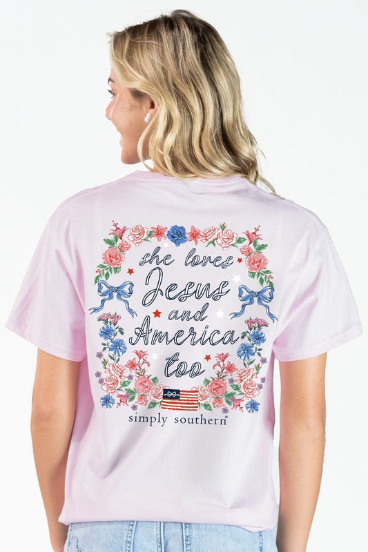 Simply Southern “She Loves Jesus & America Too” Graphic Tee – Peony Pink