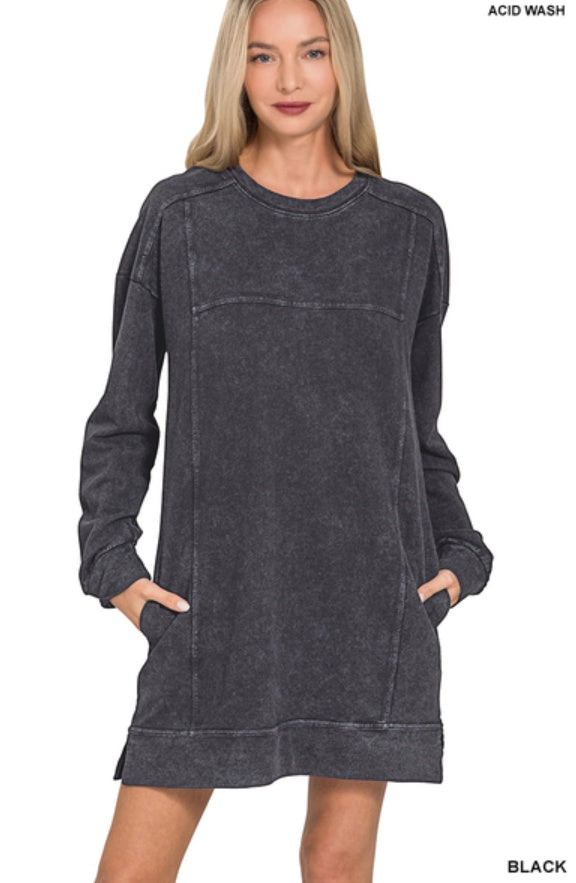 French Terry Acid Wash Dress with Pockets – Black
