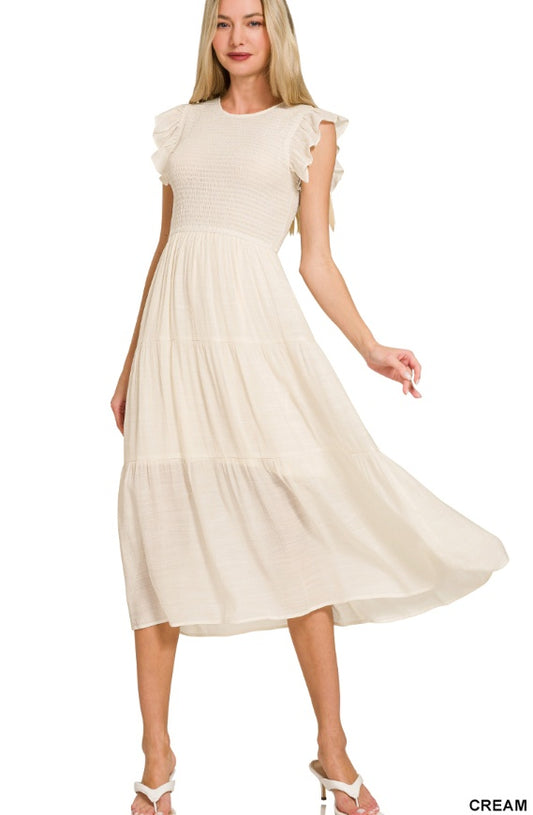 Smocked Ruffle Sleeve Midi Dress